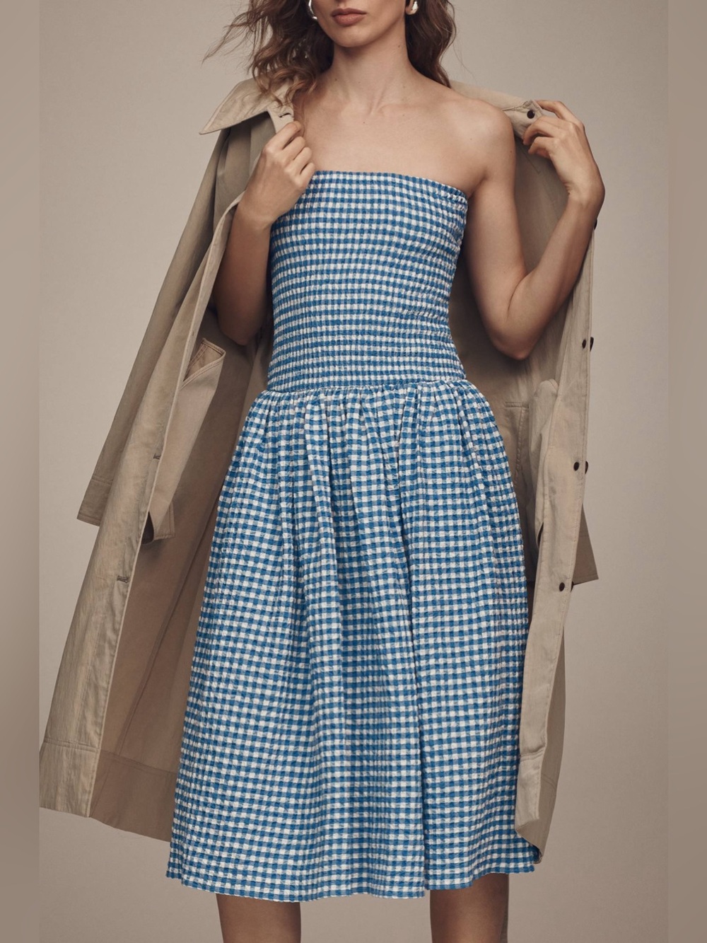 Anthropologie Maeve Blue Gingham Strapless Midi Dress